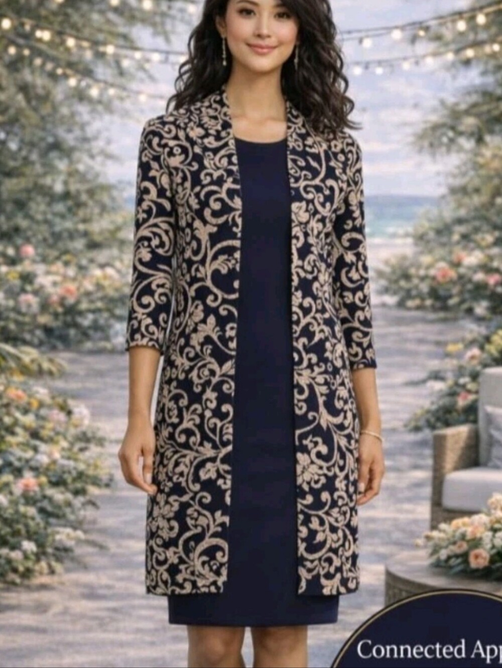 connected apparel Black Dress with Beige Floral-Patterned Duster